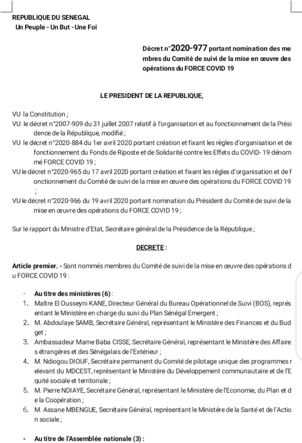 Voici le décret portant nomination des membres du Comité de suivi de la mise des opérations du Covid-19 ! Voici le décret portant nomination des membres du Comité de suivi de la mise des opérations du Covid-19 !