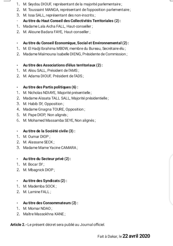 Voici le décret portant nomination des membres du Comité de suivi de la mise des opérations du Covid-19 !