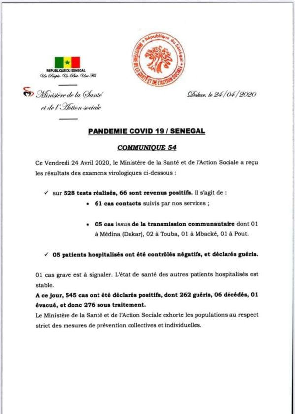 SÉNÉGAL : 66 nouveaux cas testés positifs au coronavirus, 5 nouveaux guéris.