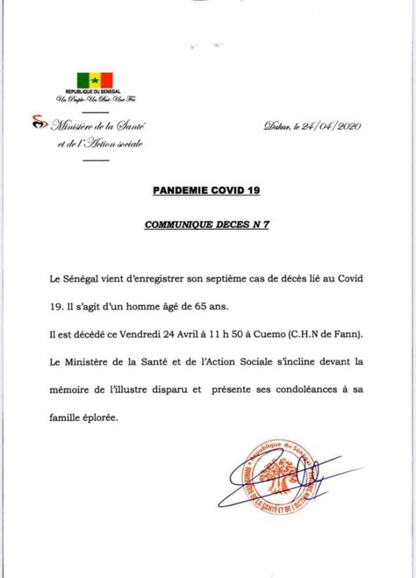 Urgent : Le Sénégal vient d’enregistrer un septième décès. Urgent : Le Sénégal vient d’enregistrer un septième décès.