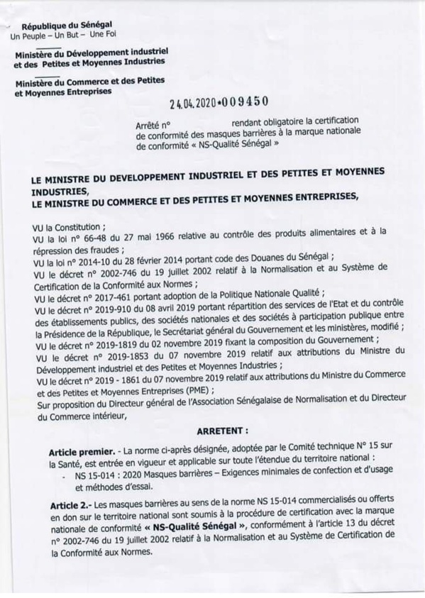 [Document] Covid-19 au Sénégal : La certification de conformité des masques désormais obligatoire (officiel)