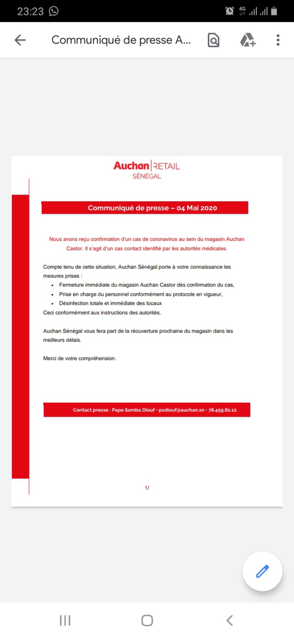 Covid-19: Un cas positif détecté à Auchan Castor