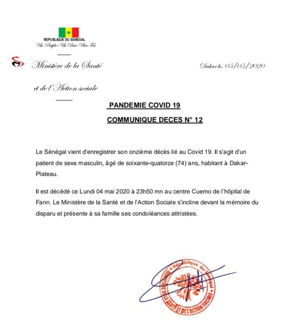 Le Sénégal vient d'enregistrer son onzième décès lié au Covid-19.  Le Sénégal vient d'enregistrer son onzième décès lié au Covid-19.