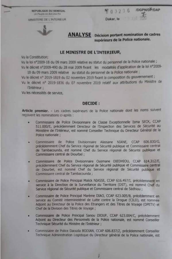 Nominations : Aly Ngouille Ndiaye chamboule la Police (DOCUMENTS) Nominations : Aly Ngouille Ndiaye chamboule la Police (DOCUMENTS)