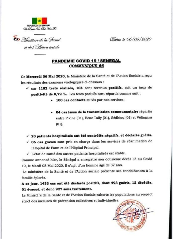 Coronavirus au Sénégal - 104 nouvelles personnes testées positives Coronavirus au Sénégal - 104 nouvelles personnes testées positives