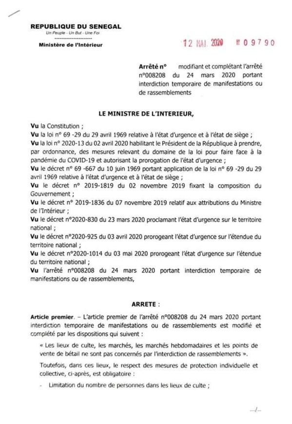 Covid-19 : Aly Ngouille Ndiaye maintient les interdictions de circulation interurbaine et fait des précisions sur les rassemblements. (ARRÊTÉ) Covid-19 : Aly Ngouille Ndiaye maintient les interdictions de circulation interurbaine et fait des précisions sur les rassemblements. (ARRÊTÉ)