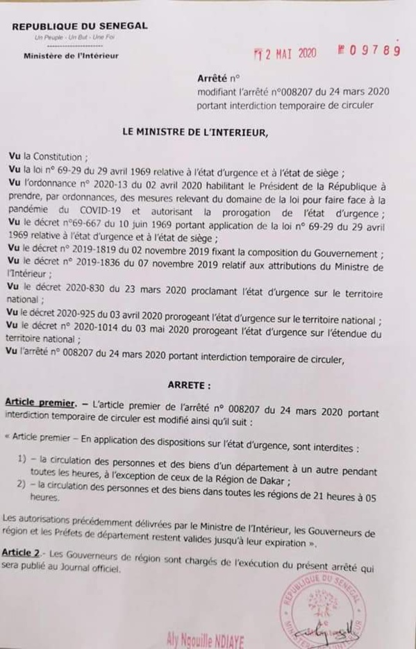 Covid-19 : Aly Ngouille Ndiaye maintient les interdictions de circulation interurbaine et fait des précisions sur les rassemblements. (ARRÊTÉ) Covid-19 : Aly Ngouille Ndiaye maintient les interdictions de circulation interurbaine et fait des précisions sur les rassemblements. (ARRÊTÉ)