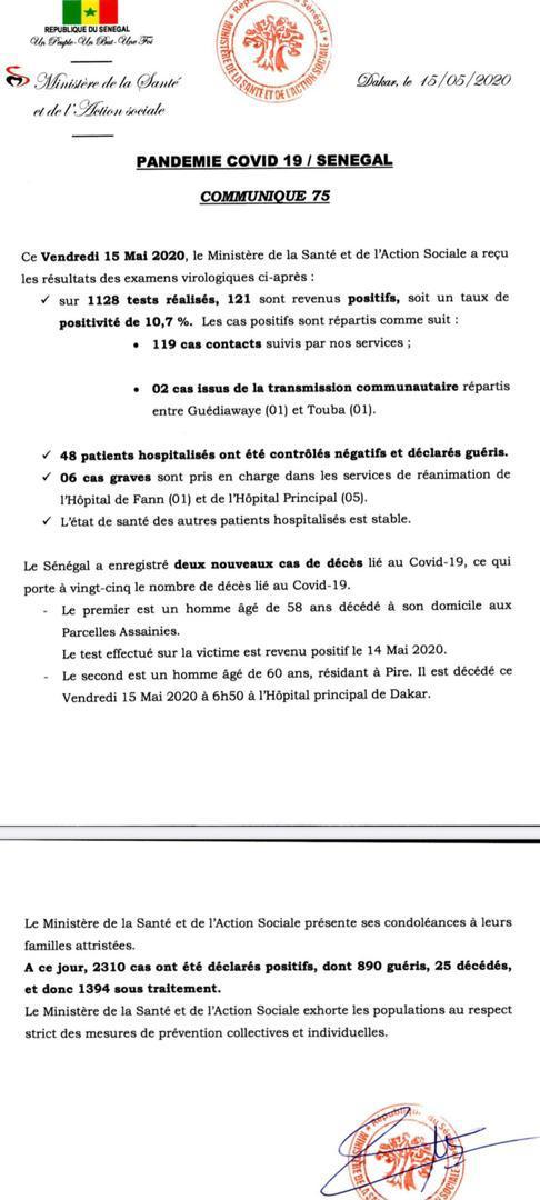 Coronavirus au Sénégal - 121 nouvelles personnes testées positives Coronavirus au Sénégal - 121 nouvelles personnes testées positives