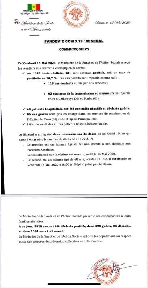 Coronavirus au Sénégal - 121 nouvelles personnes testées positives Coronavirus au Sénégal - 121 nouvelles personnes testées positives
