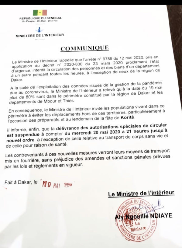 CIRCULATION INTERURBAINE : Le ministre de l’intérieur annule la délivrance des autorisations. (DOCUMENT) CIRCULATION INTERURBAINE : Le ministre de l’intérieur annule la délivrance des autorisations. (DOCUMENT)
