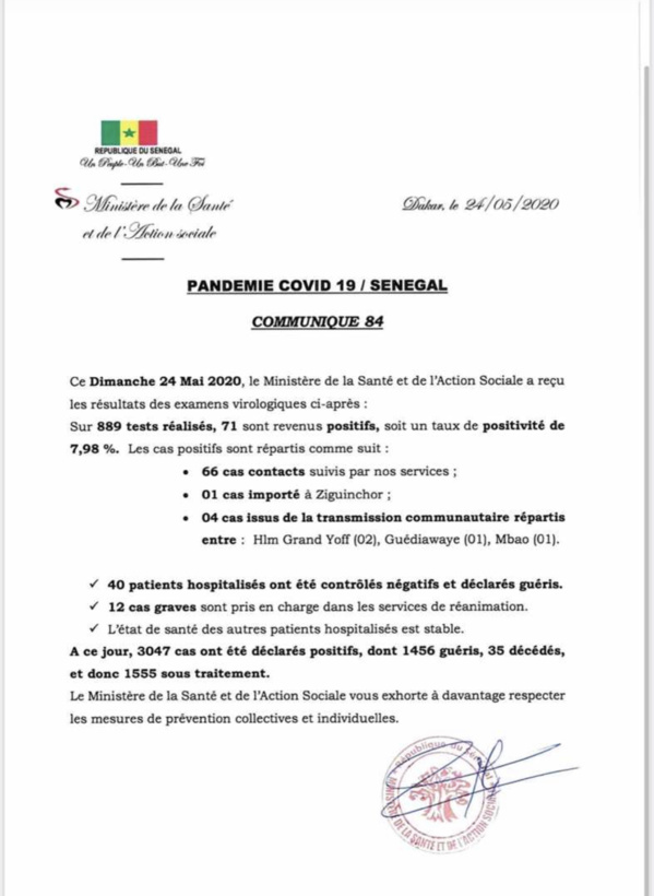 SÉNÉGAL : 71 nouveaux cas testés positifs au coronavirus, 40 nouveaux guéris et 12 cas graves en réanimation. SÉNÉGAL : 71 nouveaux cas testés positifs au coronavirus, 40 nouveaux guéris et 12 cas graves en réanimation.
