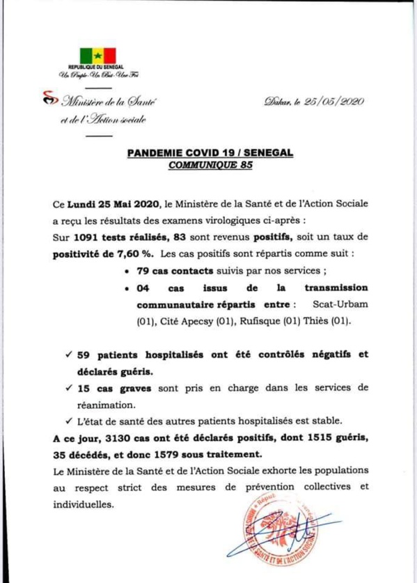 Coronavirus - 83 personnes testées positives 