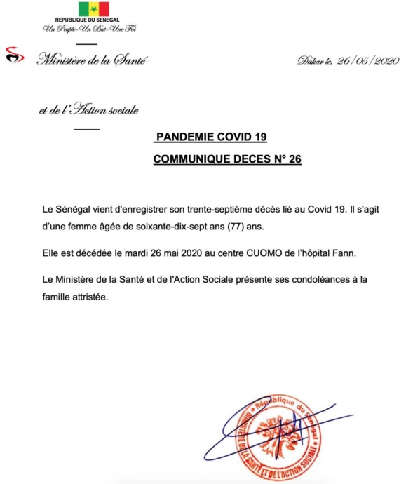 Covid-19 : 37e décès enregistré au Sénégal Covid-19 : 37e décès enregistré au Sénégal