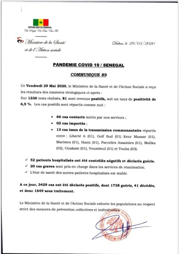 Coronavirus au Sénégal - 81 nouvelles personnes testées positives