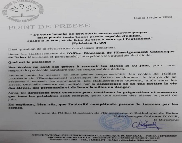Reprise des cours demain 2 juin 2020: l’Office Diocésain de Dakar dit poliment « non ! » et explique pourquoi… Reprise des cours demain 2 juin 2020: l’Office Diocésain de Dakar dit poliment « non ! » et explique pourquoi…