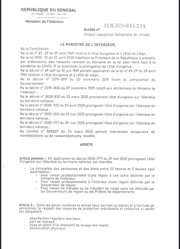 SÉNÉGAL / Assouplissement des mesures - Interdiction de rassemblements : Les arrêtés du ministre de l’intérieur . (DOCUMENT) SÉNÉGAL / Assouplissement des mesures - Interdiction de rassemblements : Les arrêtés du ministre de l’intérieur . (DOCUMENT)