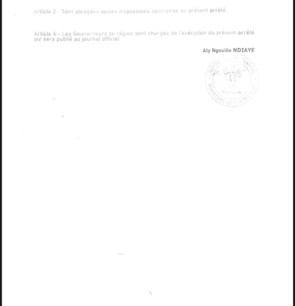 SÉNÉGAL / Assouplissement des mesures - Interdiction de rassemblements : Les arrêtés du ministre de l’intérieur . (DOCUMENT)