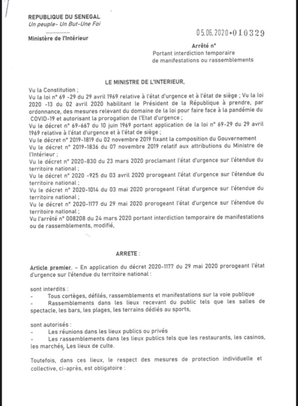 SÉNÉGAL / Assouplissement des mesures - Interdiction de rassemblements : Les arrêtés du ministre de l’intérieur . (DOCUMENT) SÉNÉGAL / Assouplissement des mesures - Interdiction de rassemblements : Les arrêtés du ministre de l’intérieur . (DOCUMENT)
