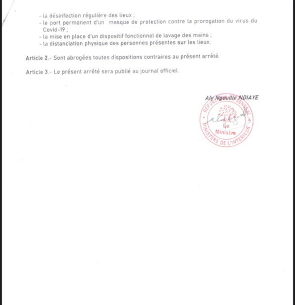 SÉNÉGAL / Assouplissement des mesures - Interdiction de rassemblements : Les arrêtés du ministre de l’intérieur . (DOCUMENT) SÉNÉGAL / Assouplissement des mesures - Interdiction de rassemblements : Les arrêtés du ministre de l’intérieur . (DOCUMENT)