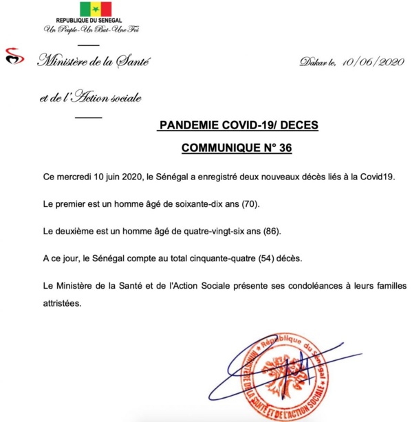 Covid-19 : Le Sénégal enregistre ses 53e et 54e décès Covid-19 : Le Sénégal enregistre ses 53e et 54e décès