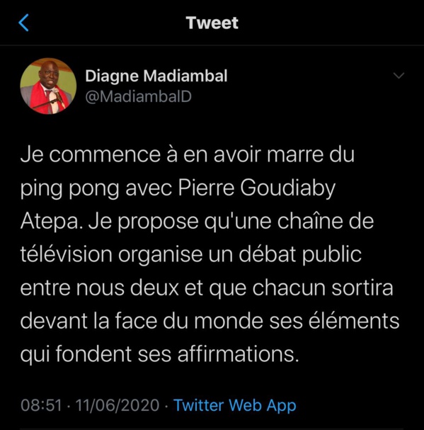 MADIAMBAL DIAGNE VEUT UN DÉBAT TÉLÉVISÉ AVEC ATEPA