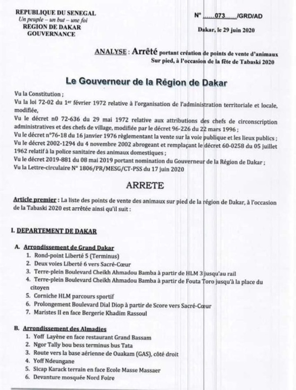 [Document] Tabaski 2020 : Le gouverneur fixe les points de vente de moutons autorisés à Dakar