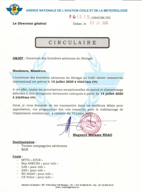 Le Sénégal officialise l’ouverture de son espace aérien (document) Le Sénégal officialise l’ouverture de son espace aérien (document)