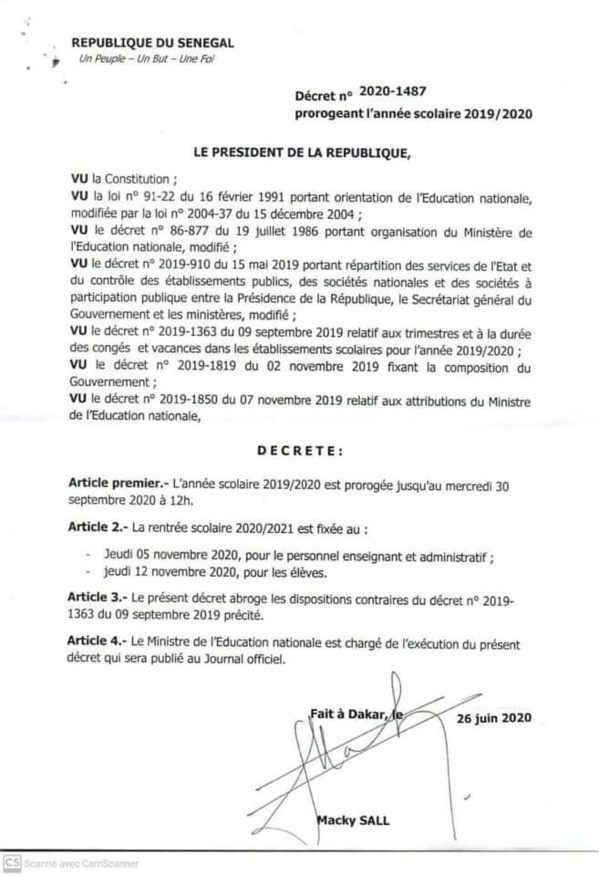 Urgent - DÉCRET PROROGEANT L'ANNEE SCOLAIRE 2019/2020
