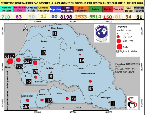 COVID-19/CARTE GEO CONSULTING SERVICES Total des cas recensés par région (à la date du 13 juillet)
