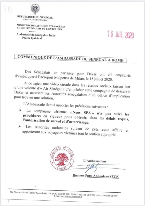 SENEGALAIS BLOQUES À L'AÉROPORT DE MILAN: Les précisons de l'ambassadeur Papa Abdoulaye Seck