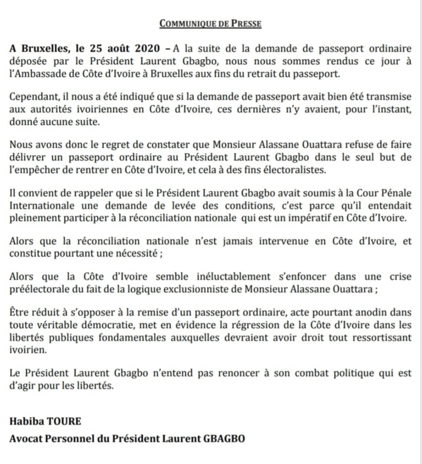 CÔTE D'IVOIRE: "Ouattara refuse de faire délivrer un passeport ordinaire à Gbagbo" (avocat)