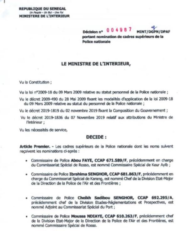 Jeu de chaises musicales chez les cadres de la Police : Le commissaire Ibrahima Senghor, nouveau Chef de la Division Etat Major de la Direction de la Police de l’Air et des frontières