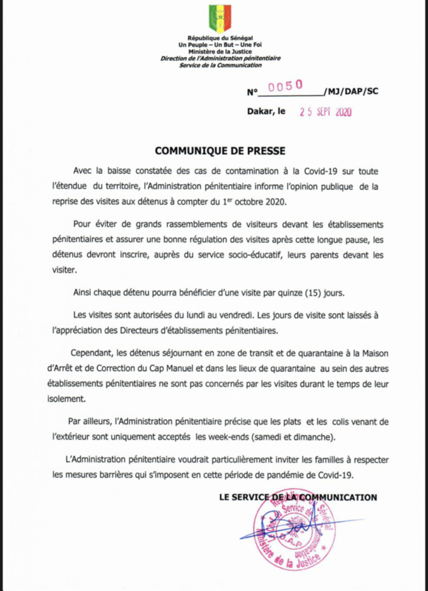 Prisons du Sénégal : L’Administration pénitentiaire autorise la reprise des visites aux détenus à partir du 1er Octobre 2020. (DOCUMENT) Prisons du Sénégal : L’Administration pénitentiaire autorise la reprise des visites aux détenus à partir du 1er Octobre 2020. (DOCUMENT)