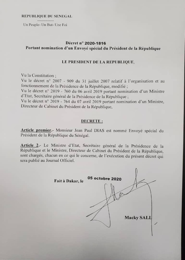 NOMINATION:Jean Paul Dias devient Envoyé spécial du Président