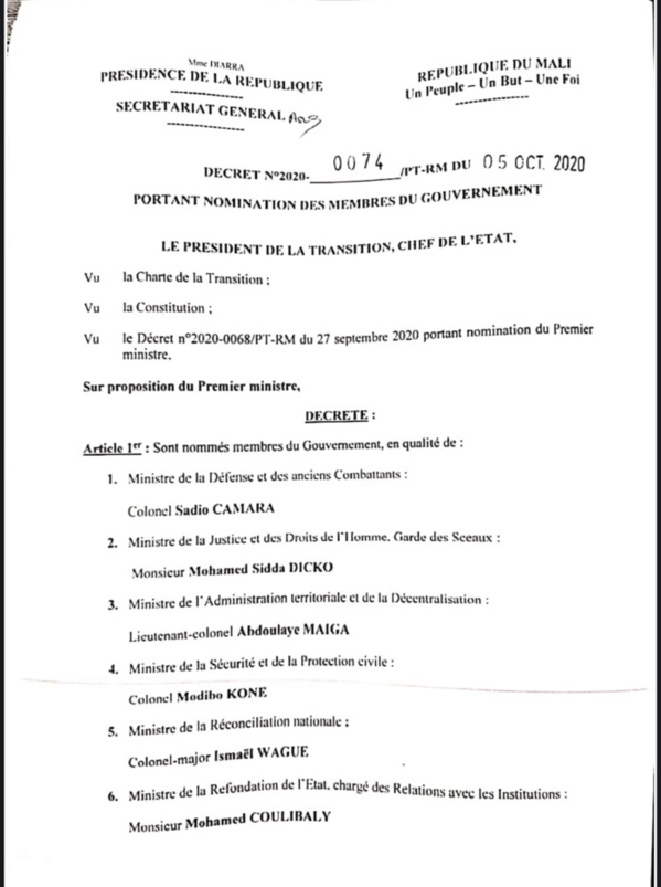 MALI : Le président de la transition Bah Ndaw nomme un nouveau Gouvernement. (DOCUMENT/LISTE)