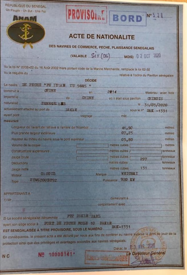 ENQUETE/ L’ANAM « SENEGALISE » 7 NAVIRES CHINOIS EN L’ESPACE DE 3 JOURS : Sur la piste des «Fu Yuan Yu » ENQUETE/ L’ANAM « SENEGALISE » 7 NAVIRES CHINOIS EN L’ESPACE DE 3 JOURS : Sur la piste des «Fu Yuan Yu »