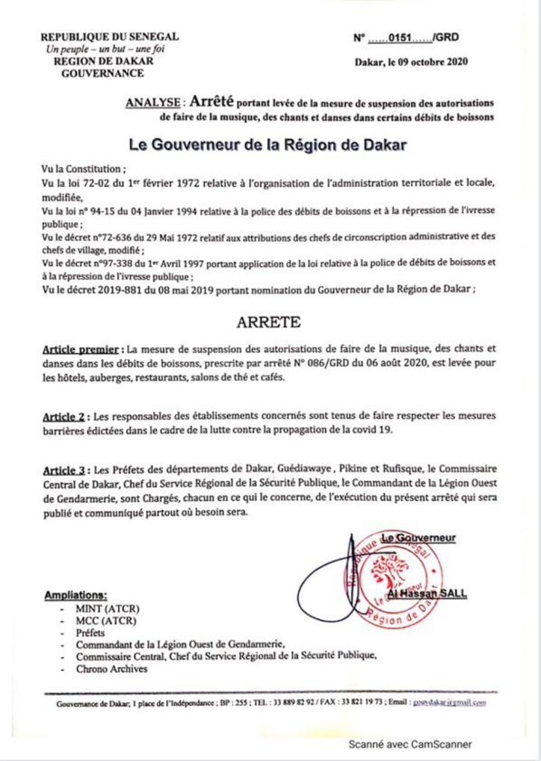 COVID-19 AU SÉNÉGAL : Arrêté portant levée de la mesure de suspension des autorisations de faire de la musique, des chants religieux et danses dans certains débits de boisson. COVID-19 AU SÉNÉGAL : Arrêté portant levée de la mesure de suspension des autorisations de faire de la musique, des chants religieux et danses dans certains débits de boisson.