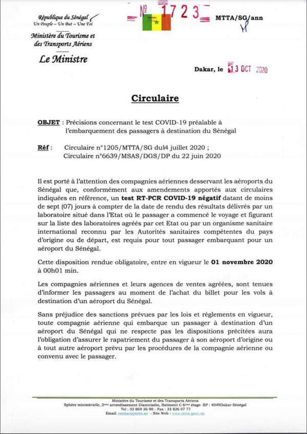 TEST COVID-19/CIRCULAIRE/AMENDEMENTS: Le Sénégal met en garde les compagnies aériennes TEST COVID-19/CIRCULAIRE/AMENDEMENTS: Le Sénégal met en garde les compagnies aériennes