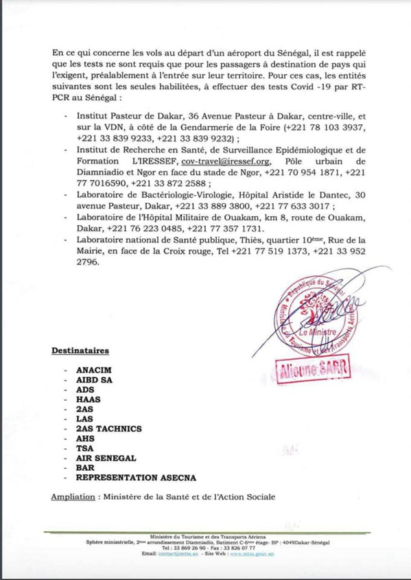 TEST COVID-19/CIRCULAIRE/AMENDEMENTS: Le Sénégal met en garde les compagnies aériennes