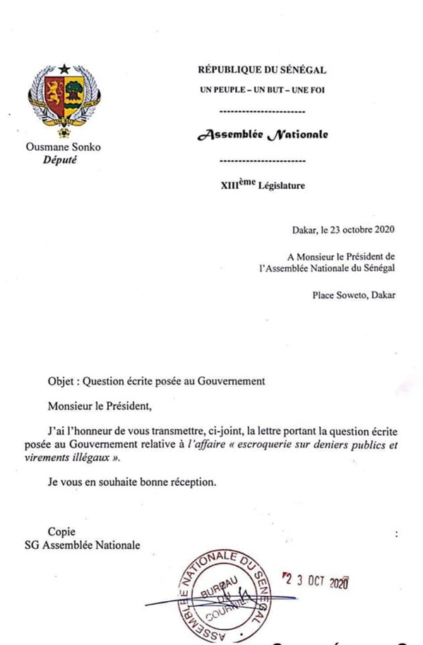 Questions écrites d’Ousmane Sonko à l’Assemblée nationale: Le leader du Pastef reformule les 94 milliards de FCfa, accusés à Mamour Diallo pour sauver sa tête Questions écrites d’Ousmane Sonko à l’Assemblée nationale: Le leader du Pastef reformule les 94 milliards de FCfa, accusés à Mamour Diallo pour sauver sa tête