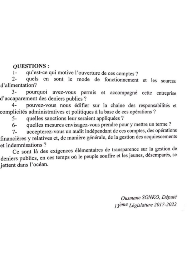Questions écrites d’Ousmane Sonko à l’Assemblée nationale: Le leader du Pastef reformule les 94 milliards de FCfa, accusés à Mamour Diallo pour sauver sa tête Questions écrites d’Ousmane Sonko à l’Assemblée nationale: Le leader du Pastef reformule les 94 milliards de FCfa, accusés à Mamour Diallo pour sauver sa tête