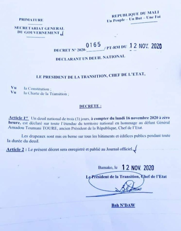 Deuil national de 72 h au Mali suite au décès du Général Amadou Toumani Touré (document) Deuil national de 72 h au Mali suite au décès du Général Amadou Toumani Touré (document)