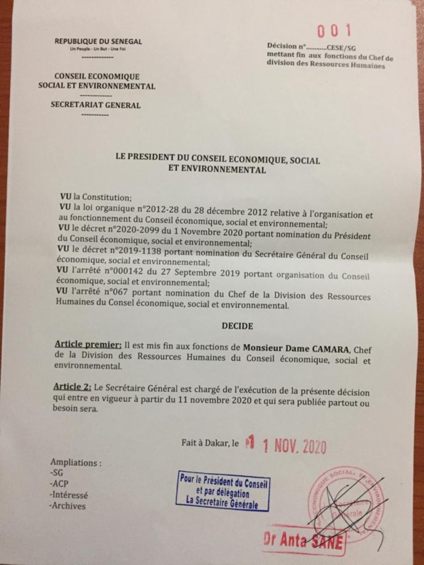 CESE : Idy met fin aux fonctions du DRH et du DAF (documents)