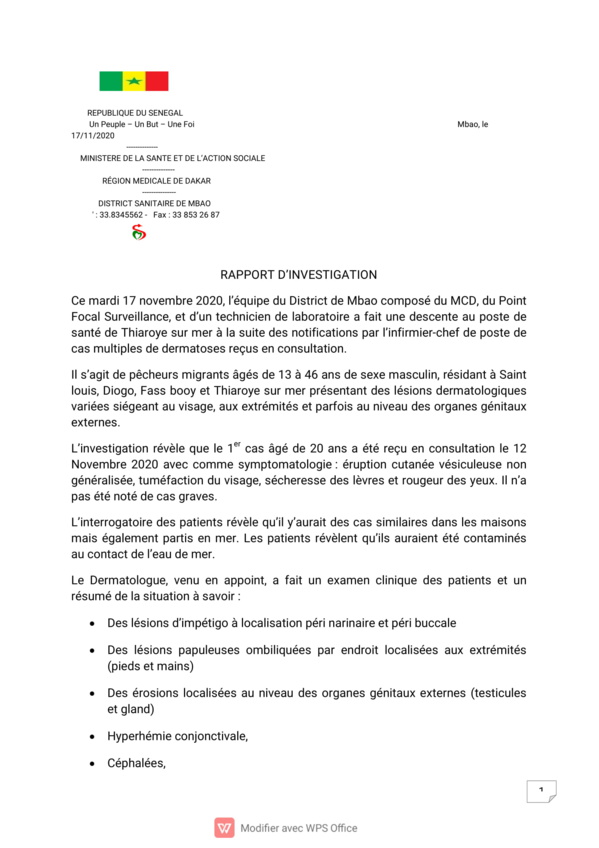 "Maladie mystérieuse "- Voici le rapport détaillé sur les cas des pêcheurs de Thiaroye Sur Mer! "Maladie mystérieuse "- Voici le rapport détaillé sur les cas des pêcheurs de Thiaroye Sur Mer!