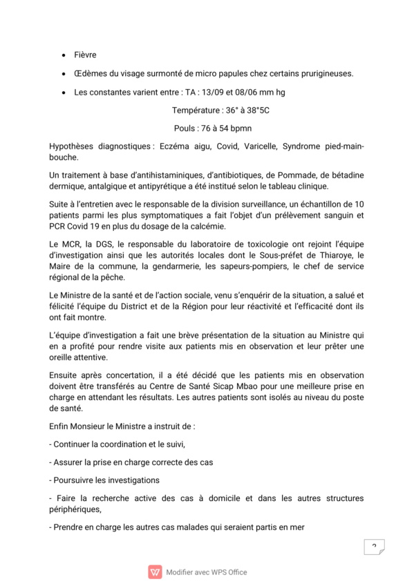 "Maladie mystérieuse "- Voici le rapport détaillé sur les cas des pêcheurs de Thiaroye Sur Mer! "Maladie mystérieuse "- Voici le rapport détaillé sur les cas des pêcheurs de Thiaroye Sur Mer!