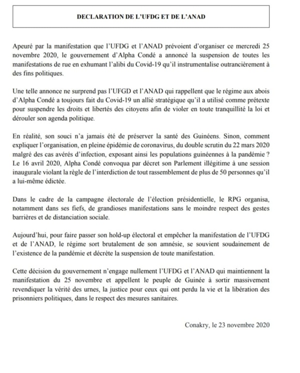 GUINÉE/MANIFESTATION DU 25 NOVEMBRE Cellou Dalein Diallo et Cie ne lâchent rien