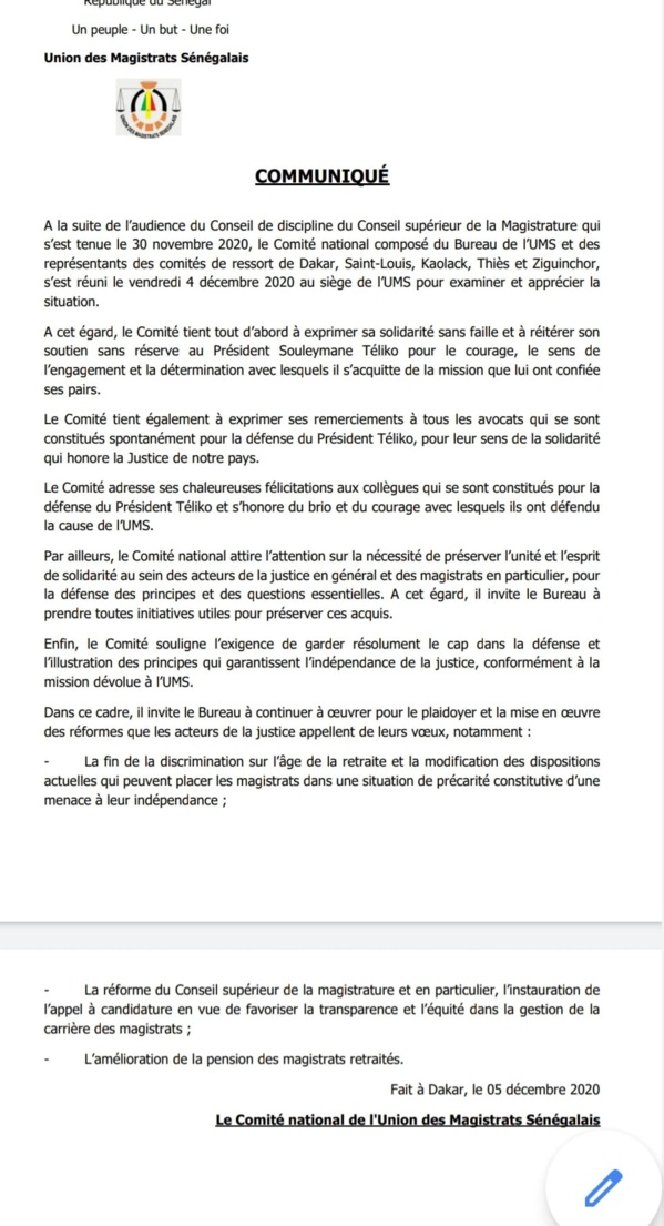 APRÈS LE BLÂME INFLIGÉ À TELIKO L'Ums se prononce APRÈS LE BLÂME INFLIGÉ À TELIKO L'Ums se prononce