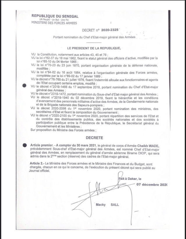 ARMÉE SÉNÉGALAISE : Le Général Cheikh Wade nommé CEMGA. (DÉCRET) ARMÉE SÉNÉGALAISE : Le Général Cheikh Wade nommé CEMGA. (DÉCRET)