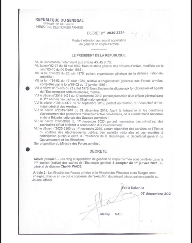 ARMÉE SÉNÉGALAISE : Le Général Cheikh Wade nommé CEMGA. (DÉCRET) ARMÉE SÉNÉGALAISE : Le Général Cheikh Wade nommé CEMGA. (DÉCRET)