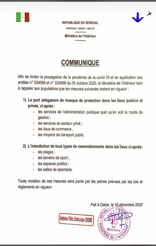 Lutte contre la Covid-19 : Les nouvelles mesures prises par le ministre de l’intérieur (DOCUMENT) Lutte contre la Covid-19 : Les nouvelles mesures prises par le ministre de l’intérieur (DOCUMENT)